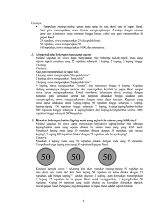 6
Caranya:
• Tempelkan masing-masing satuan mata uang itu satu demi satu di papan flanel.
Saat guru menempelkan siswa diminta mengucapkannya. Awalnya dengan tutunan
guru dan selanjutnya tanpa tuntunan hingga lancar, yakni saat guru menempelkan di
papan flanel:
25 rupiahan, siswa mengucapkan 25 (dua puluh lima)
50 rupiahan, siswa mengucapkan 50
100 rupiahan, siswa mengucapkan 1000, dan seterusnya.
2. Mengenal nilai beberapa mata uang sejenis
Melalui kegiatan ini siswa dapat menyatakan nilai beberapa (sekelo mpok) mata uang
sejenis seperti misalnya uang 25 rupiahan sebanyak 1 keping, 2 keping, 3 keping hingga
4 keping.
Caranya:
Saat guru menempelkan di papan tulis
1 keping, siswa mengucapkan “dua puluh lima”
2 keping, siswa mengucapkan “lima puluh”
3 keping, siswa mengucapkan “tujuh puluh lima”
4 keping, siswa mengucapkan “seratus” dan seterusnya hingga 6 keping. Kegiatan
diulang secukupnya dengan melepas dan menempelkan kembali ke papan flanel sampai
siswa lancar mengucapkannya. Untuk membantu kelancaran siswa, awalnya dengan
tuntunan guru kemudian lambat lain tuntunan ditiadakan hingga keadaan guru
memperagakan, siswa mengucapkannya dengan benar dapat tercapai. Kegiatan yang
sama dapat dilakukan untuk keping-keping 50 rupiahan hingga sebanyak 4 keping,
keping-keping 100 rupiahan hingga sebanyak 7 keping, keping-keping/lembar-lembar
500 rupiahan hingga sebanyak 4 keping/lember dan keping-keping/lembar-lembar 1000
rupiahan hingga sebanyak 5000 rupiahan.
3. Menukar beberapa lembar/keping mata uang sejenis ke satuan yang lebih kecil
Melalui kegiatan ini siswa dapat menyatakan banyaknya keping/lembar bila beberapa
keping/lembar mata uang sejenis ditukar ke satuan mata uang yang lebih kecil.
Misalnya3 keping mata uang 50 rupiahan ditukar dengan 25 rupiahan, ada nerapa
keping?, 2 keping 100 rupiahan ditukar dengan 25 rupiahan, ada berapa keping?
Caranya:
Misalkan 3 keping mata uang 50 rupiahan ditukar dengan mata uang 25 rupiahan.
Tempelkan ketiga keping mata uang 50 rupiahan di papan flanel.
Katakan kepada siswa “ sekarang kita akan menukar masing-masing 50 rupiahan itu
satu demi satu mulai dari kiri. Satu keping 50 rupiahan ini kalau ditukar dengan 25
rupiahan, ada berapa keping?”. setelah dijawab 2 keping, guru kemudian menempelkan
2 keping 25 rupiahan itu ke papan flanel untuk menggantikan 1 keping/lembar 50
rupiahan. Keping 50 rupiahan yang sudah ditukar itu kemudian diletakkan dipojok
bawah papan flanel. Peragaan yang ditunjukkan di papan flanel adalah seperti berikut:
50 50 50
 