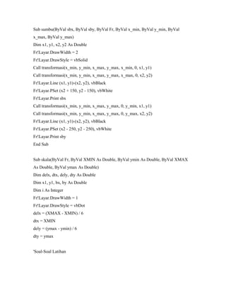 Sub sumbu(ByVal sbx, ByVal sby, ByVal Fr, ByVal x_min, ByVal y_min, ByVal
x_max, ByVal y_max)
Dim x1, y1, x2, y2 As Double
Fr!Layar.DrawWidth = 2
Fr!Layar.DrawStyle = vbSolid
Call transformasi(x_min, y_min, x_max, y_max, x_min, 0, x1, y1)
Call transformasi(x_min, y_min, x_max, y_max, x_max, 0, x2, y2)
Fr!Layar.Line (x1, y1)-(x2, y2), vbBlack
Fr!Layar.PSet (x2 + 150, y2 - 150), vbWhite
Fr!Layar.Print sbx
Call transformasi(x_min, y_min, x_max, y_max, 0, y_min, x1, y1)
Call transformasi(x_min, y_min, x_max, y_max, 0, y_max, x2, y2)
Fr!Layar.Line (x1, y1)-(x2, y2), vbBlack
Fr!Layar.PSet (x2 - 250, y2 - 250), vbWhite
Fr!Layar.Print sby
End Sub
Sub skala(ByVal Fr, ByVal XMIN As Double, ByVal ymin As Double, ByVal XMAX
As Double, ByVal ymax As Double)
Dim delx, dtx, dely, dty As Double
Dim x1, y1, bx, by As Double
Dim i As Integer
Fr!Layar.DrawWidth = 1
Fr!Layar.DrawStyle = vbDot
delx = (XMAX - XMIN) / 6
dtx = XMIN
dely = (ymax - ymin) / 6
dty = ymax
'Soal-Soal Latihan
 