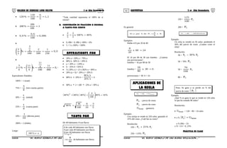 01 02COLEGIO DE CIENCIAS LORD KELVIN 3 er Año Secundaria ARITMÉTICA 3 er Año Secundaria
• 2,1
5
6
100
120
%120 ===
• 2
100
200
%200 ==
• 006,0
100
6,0
%6,0 ==
•
004,0
250
1
500
2
100
5
2
%
5
2
====







•
0275,0
400
11
100
4
11
%
4
11
%
4
3
2 ===







=
Equivalentes Notables:
100% = 1 (total)
75% =
4
3
(tres cuartas partes)
50% =
2
1
(mitad)
25% =
4
1
(cuarta parte)
10% =
10
1
(décima parte)
200% = 2 (doble)
Luego:
100 % a = a
“Toda cantidad representa el 100% de sí
misma”
B. CONVERSIÓN DE FRACCIÓN O DECIMAL
A TANTO POR CIENTO
• %40%100x
5
2
5
2
==
• 0, 006 = 0, 006 x 100% = 6%
• 5 = 5 x 100% = 500%
• 20% a + 50% a = 70% a
• 80% b . 60% b = 20% b
• a + 20% a = 120% a
• b – 35% b = 65% b
• 3 ( 20% a ) = (3 x 20)% a = 60% a
• 20% (a + b) = 20% a + 20% b
• 80% b ÷ 20% b =
b%20
b%80
= 4
• 60% a ÷ 2 = (60 ÷ 2)% a = 30% a
( ) ( ) ( ) %16%40
100
4
%40%40%40 2
=







==
5
3
10
6
100
36
%36 ===
De 40 habitantes; 8 son flacos
En general:
Nx
b
a
NdebporaEl =
Ejemplos:
Hallar el 8 por 20 de 60
2460x
20
8
=
El 16 por 80 de 30 son limeños . ¿Cuántos
son provincianos?
limeños = 16 por 80 de 30
limeños = 630x
80
16
=
provincianos = 30- 6 = 24
brutacv GPP ==
vP : precio de venta
cP : precio de costo
brutaG : ganancia
Ejemplo:
Una sortija se vende en 250 soles; ganando el
25% del costo. ¿Cuál fue su costo?
Resolución:
250 = cc P%25P +
250 = 125% cP
250 = cP
100
125
200 = cP
PÉRDIDAPP cv −=
Ejemplo:
Un reloj se vendió en 56 soles; perdiendo el
30% del precio de costo. ¿Cuánto costo el
reloj?
Resolución:
56 = cc P%30P −
56 = 70% cP
56 = cP
100
70
80 = cP
Ejemplo:
¿Qué % se gana lo que se vende en 120 soles
lo que ha costado 96 soles?
Resolución:
• brutaG = 120 – 96 = 24 soles
• x % ( ) brutac GP =
x % (96) = 24
x % =1/4 = 0, 25%
PRÁCTICA DE CLASE
S3AR32B “El nuevo símbolo de una buena educación....” S3AR32B “El nuevo símbolo de una buena educación...."
OPERACIONES CON
TANTO POR
8 de cada 40 habitantes son flacos
8 por cada 40 habitantes son flacos
8 por 40 habitantes son flacos
40
8
⇒ de habitantes son flacos
APLICACIONES DE
LA REGLA Nota: Se gana o se pierde un % del
precio de costo ( )cP
 