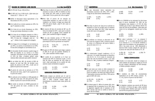 01 02COLEGIO DE CIENCIAS LORD KELVIN 3 er Año Secundaria ARITMÉTICA 3 er Año Secundaria
01.El 25% del 35 por 140 de 48 es:
02.El 50% de A es el 30% de B. ¿Qué tanto por
ciento de 5ª + 5B es A + B?
03.Hallar el descuento único equivalente a los
descuentos de 20% y el 25%
04.Si el radio de un círculo aumenta en 20%: En
que % aumenta su área.
05.Si el área de un círculo disminuye en 36%.
En que porcentaje disminuye su radio.
06.Si la base de un triángulo aumenta en 30% y
la altura relativa a dicha base disminuye en
30%. El área de 1 triángulo varía en 54
2
m . Hallar el área original del triángulo.
07.Si el largo de un rectángulo se incrementa en
un 20% y su ancho se incrementa en un 50%.
El área del rectángulo se incrementa en un
08.Un boxeador decide retirarse cuando tenga el
80% de triunfos en su carrera si la lleva
realizado 100 peleas de las cuales ha perdido
el 45% de ellos. ¿Cuántas peleas como
mínimo debe realizarse para poder retirarse?
09.En un bidón hay 40L de alcohol al 90% de
pureza, en otro hay 60L de alcohol cuyo
grado de pureza es del 70%. ¿Cuál será el
grado de pureza de la mezcla?
10.El precio de costo de un artículo es el 75%
del precio de venta. ¿Qué % de la ganancia es
le precio de venta?
11.Un artículo se ha vendido en 1200 ganando el
20% del costo mas 15% del precio de venta.
Hallar el precio de costo de dicho artículo.
12.Se vende un artículo en 92000 generando el
155 del precio de costo. ¿Cuánto se esta
ganando?
13.Para fijar el precio de venta de un artículo se
aumenta su costo en 30% al venderse se hizo
una rebaja del 10% sobre su precio fijado.
¿Qué tanto % de su precio de costo se gana?
14.Para fijar el precio de un artículo un
comerciante aumenta su costo en 65% y al
venderlo a un cliente, le hago una rebaja del
20% del precio fijado. ¿Qué % del costo se
esta ganando?
15.Se mezcla 40 litros de alcohol de 80º con 20
litros de alcohol de 60º y para que la mezcla
resulte de 40º se agrega cierta cantidad de
agua. ¿Qué cantidad de agua se agrega?
16.Si en una reunión social, el 75% de los
hombres es igual al 45% de las mujeres. ¿Qué
porcentaje de total de personas son mujeres?
a) 37, 5% b) 62, 5% c) 56, 5%
d) 43, 5% e) 36%
17.Si gasta el 30% del dinero que tengo y ganara
el 28% de lo que me quedará. Perdería S/.
156. ¿Qué cantidad d dinero tengo?
18.Al sueldo de un empleado se le hace un
aumento del 20% al comenzar el año, y en el
mes de Julio un aumento de 10% sobre el
total. ¿Qué porcentaje de su sueldo del año
anterior estará recibiendo en agosto?
a) 28% b) 130% c) 103%
d) 25% e) 132%
EJERCICIOS PROPUESTOS Nº 02
01.Roxana compra un artículo por el cual le
ofrecen realizar dos descuentos sucesivos del
20% y 30%. Calcule cuanto pagó si
inicialmente el artículo tenía como precio de
S/. 700.
a) 308 b) 306 c) 300
d) 400 e) N.a.
02.A que descuento único equivalen los
descuentos sucesivos del 50%, 25% y 20%.
Luego de los descuentos obtendríamos.
a) 10% b) 20% c) 95%
d) 88 e) N.a
03.Para fijar el precio de venta de un artículo se
aumentó su costo en un 80% pero al venderse
se hizo una rebaja del 20%. ¿Qué tanto por
ciento del costo se ha ganado?
a) 30 b) 40 c) 60
d) 44 e) 50
04.Al venderse un artículo se descontó en un
25% aun así se gana el 20%. Calcule el precio
de venta si la diferencia del precio fijado y
pecio de costo es S/. 12.
a) 20 b) 22 c) 24
d) 26 e) 28
05.Un comerciante compró cuadernos a S/. 8
cada uno y lo vendió obteniendo un beneficio
neto de S/. 51. Si la venta le ocasionó un
gasto del 15% de beneficio bruto y por todo
obtuvo S/. 380. ¿Cuantos cuadernos compró?
a) 20 b) 30 c) 40
d) 50 e) 60
06.En que tanto por ciento se debe aumentar el
precio de costo de un artículo para fijar su
precio al público, de modo que luego de hacer
2 descuentos sucesivos del 20% y 25% aún se
gane el 60% del costo.
a) 165, 6% b) 166, 6% c) 180%
d) 170% e) N.a
07.Un obrero gana S/. 400 en el primer año, para
el siguiente año le aumentan en un 10%, para
el siguiente segundo año el aumento es del
20% calcule cuál será su sueldo al iniciar su
tercer año de trabajo.
a) 600 b) 550 c) 528
d) 400 e) N.a
08.En la UNMSM se ha realizado las elecciones
para el tercio estudiantil. EL 48% de los
sufragantes eran mujeres y el 25% de ellas
votaban por la lista A que además obtuvo los
votos del 50% de los hombres. ¿Qué tanto por
ciento de los sufragantes votaron por la lista
A?
a) 30% b) 36% c) 38%
d) 40% e) 50%
09.Por cada 2 artículos “ A ” se compran 3
artículos “ B ” y sus costos productivos están
en la relación d 1 a 2. Se decide venderlos a
todos, pero los primeros con una ganancia de
30% y los otros con un 40% obteniendo u
total de 3520. Cuanto compró de cada uno si
el precio de venta del más barato es S/. 26.
a) 382, 48 b) 352, 60 c) 360, 70
d) 400, 70 e) N.a
TAREA DOMICILIARIA
01.Claudia va al mercado, donde al comprar un
cierto número de naranjas le reglan un 5% de
las que compró, obteniendo así 420 naranjas.
¿Cuántas naranjas compró?
a) 200 b) 300 c) 400
d) 360 e) 250
02.Si vendiera mi libro de razonamiento
matemático en un 30% menos, costaría S/.
17, 50 ¿Cuál es el precio real del libro?
a) 25 b) 30 c) 15
d) 18 e) 20
03.Un depósito contiene una mezcla de 90 litros
de alcohol y 10 litros de agua. ¿Qué cantidad
de alcohol debe añadirse para que la mezcla
sea de 95% de pureza de alcohol?
S3AR32B “El nuevo símbolo de una buena educación....” S3AR32B “El nuevo símbolo de una buena educación...."
 