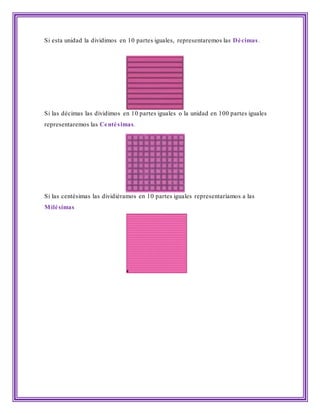 Si esta unidad la dividimos en 10 partes iguales, representaremos las Décimas.
Si las décimas las dividimos en 10 partes iguales o la unidad en 100 partes iguales
representaremos las Centésimas.
Si las centésimas las dividiéramos en 10 partes iguales representaríamos a las
Milésimas
 
