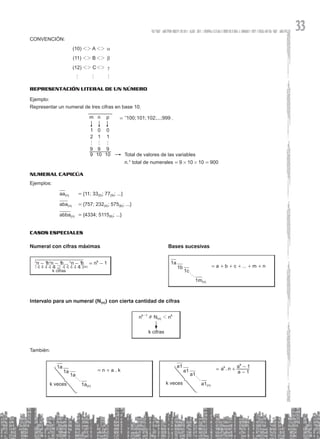 33
CONVENCIÓN:
(10) 12 A 12 a
(11) 12 B 12 b
(12) 12 C12 g
h		 h		 h
Representación literal de un número
Ejemplo:
Representar un numeral de tres cifras en base 10.
Numeral capicúa
Ejemplos:
aa(n) = {11; 33(5); 77(9); ...}
aba(n) = {757; 232(4); 575(8); ...}
abba(n) = {4334; 5115(6); ...}
Casos especiales
Numeral con cifras máximas
... 1
n n n n
1 1 1
( )
n
k
k cifras
=
- - - -
^ ^ ^
h h h
1 2 3
44444
4 44444
4
			
Bases sucesivas
					
1a
1b
1c
1m(n)
j
= a + b + c + ... + m + n
Intervalo para un numeral (N(n)) con cierta cantidad de cifras
nk-1
# N(n) 1 nk
k cifras
También:
1a
1a
1a
1a(n)
j
= n + a . k
k veces
a1
a1
a1
a1(n)
j
.
a n
a
a
1
1
k
k
= +
-
-
k veces
Total de valores de las variables
n.° total de numerales = 9 # 10 # 10 = 900
m n p
1
2
9
9
0
1
10
9
0
1
10
9
h h h
m n p
1
2
9
9
0
1
10
9
0
1
10
9
h h h
100;101;102;...;999
= " ,
 