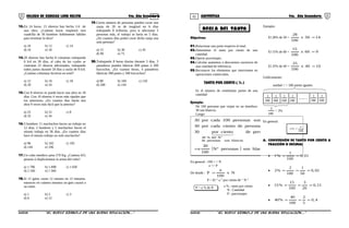 01 02COLEGIO DE CIENCIAS LORD KELVIN 4to. Año Secundaria ARITMÉTICA 4to. Año Secundaria
13.En 24 horas, 15 obreros han hecho 1/4 de
una obra. ¿Cuántas horas empleará otra
cuadrilla de 30 hombres doblemente hábiles
para terminar la obra?
a) 10 b) 12 c) 14
d) 16 e) 18
14.20 obreros han hecho 8 columnas trabajando
6 h/d en 30 días, al cabo de los cuales se
contratan 25 obreros adicionales, trabajando
todos juntos durante 20 días a razón de 8 h/d.
¿Cuántas columnas hicieron en total?
a) 12 b) 16 c) 18
d) 20 e) 24
15.Con 8 obreros se puede hacer una obra en 20
días. Con 10 obreros 4 veces más rápidos que
los anteriores, ¿En cuantos días harán una
obra 9 veces más fácil que la anterior?
a) 25 b) 31 c) 8
d) 32 e) 34
16.3 hombres 11 muchachos hacen un trabajo en
12 días; 2 hombres y 2 muchachos hacen el
mismo trabajo en 36 días. ¿En cuantos días
hace el mismo trabajo un solo muchacho?
a) 96 b) 102 c) 192
d) 144 e) 196
17.Un cubo metálico pesa 270 Kg. ¿Cuántos KG
pesaría si duplicáramos la arista del cubo?
a) 1 790 b) 1 890 c) 1 650
d) 2 160 e) 1 560
18.Si 12 gatos cazan 12 ratones en 12 minutos,
entonces en cuántos minutos un gato cazará a
un ratón.
a) 1 b) 2 c) 3
d) 6 e) 12
19.Cierto número de personas pueden cavar una
zanja de 20 m de longitud en 6 días
trabajando 8 h/diarias, pero si adicionan 3
personas más, el trabajo se haría en 5 días.
¿En cuantos días podrá cavar dicha zanja una
sola persona?
a) 15 b) 30 c) 45
d) 90 e) 75
20.Trabajando 8 horas diarias durante 5 días, 3
panaderos pueden fabricar 600 panes ó 200
bizcochos. ¿En cuantas horas, 4 panaderos
fabrican 500 panes y 500 bizcochos?
a) 80 b) 100 c) 120
d) 200 e) 144
Objetivos:
01.Relacionar una parte respecto al total.
02.Determinar el tanto por ciento de una
cantidad.
03.Operar porcentajes.
04.Calcular aumentos o descuentos sucesivos de
una cantidad de referencia.
05.Reconocer los elementos que intervienen en
operaciones comerciales.
TANTO POR CIENTO ( % )
Es el número de centésimas partes de una
cantidad
Ejemplo:
De 100 personas que viajan en un ómnibus;
30 son blancos.
Luego:
( ) blancassonpersonasºN
100
30
blancassonpersonasdecientopor30
blancassonpersonasdecientocadapor30
blancassonpersonas100cadapor30
blancassonpersonasde
ºNdel%30
⇒

En general : 100 < > N
a <> P
De donde : Nx
100
a
P =
P = El “ a ” por ciento de “ N ”
P = a % de N
Ejemplo:
El 28% de 50 = 1450x
100
28
=
El 15% de 60 = 960x
100
15
=
El 25% de 40 = 1040x
100
25
=
Gráficamente:
1
100
...........
1
100
1
100
1
100
1
100
1
100
unidad < > 100 partes iguales
3
= 3%
100
En general:
100
a
%a =
A. CONVERSIÓN DE TANTO POR CIENTO A
FRACCIÓN O DECIMAL
• 01,0
100
1
%1 ==
• 02,0
50
1
100
2
%2 ===
• 15,0
20
3
100
15
%15 ===
• 4,0
5
2
100
40
%40 ===
S4AR32B “El nuevo símbolo de una buena educación....” S4AR32B “El nuevo símbolo de una buena educación...."
a % : tanto por ciento
N : Cantidad
P : porcentajes
REGLA DEL TANTO
 