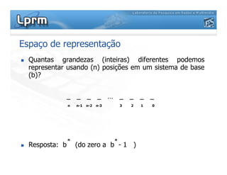Espaço de representação
Quantas grandezas (inteiras) diferentes podemos
representar usando (n) posições em um sistema de base
(b)?
Resposta: b (do zero a b - 1 )
_ _ _ _ … _ _ _ _
n n-1 n-2 n-3 03 2 1
n n
 