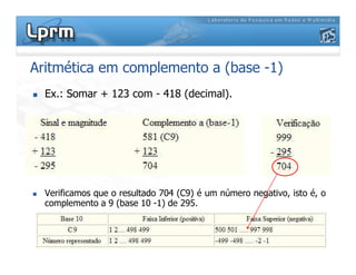 Aritmética em complemento a (base -1)
Ex.: Somar + 123 com - 418 (decimal).
Verificamos que o resultado 704 (C9) é um número negativo, isto é, o
complemento a 9 (base 10 -1) de 295.
 