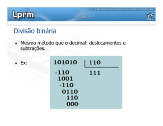 Divisão binária
Mesmo método que o decimal: deslocamentos e
subtrações.
Ex:Ex:
 