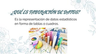 ¿QUÉ ES TABULACIÓN DE DATOS?
Es la representación de datos estadísticos
en forma de tablas o cuadros.
 