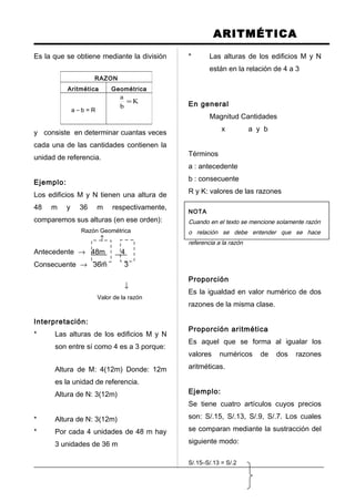 ARITMÉTICA
Es la que se obtiene mediante la división
y consiste en determinar cuantas veces
cada una de las cantidades contienen la
unidad de referencia.
Ejemplo:
Los edificios M y N tienen una altura de
48 m y 36 m respectivamente,
comparemos sus alturas (en ese orden):
Razón Geométrica
↑
Antecedente → 48m 4
Consecuente → 36m 3
↓
Valor de la razón
Interpretación:
* Las alturas de los edificios M y N
son entre sí como 4 es a 3 porque:
Altura de M: 4(12m) Donde: 12m
es la unidad de referencia.
Altura de N: 3(12m)
* Altura de N: 3(12m)
* Por cada 4 unidades de 48 m hay
3 unidades de 36 m
* Las alturas de los edificios M y N
están en la relación de 4 a 3
En general
Magnitud Cantidades
x a y b
Términos
a : antecedente
b : consecuente
R y K: valores de las razones
NOTA
Cuando en el texto se mencione solamente razón
o relación se debe entender que se hace
referencia a la razón
Proporción
Es la igualdad en valor numérico de dos
razones de la misma clase.
Proporción aritmética
Es aquel que se forma al igualar los
valores numéricos de dos razones
aritméticas.
Ejemplo:
Se tiene cuatro artículos cuyos precios
son: S/.15, S/.13, S/.9, S/.7. Los cuales
se comparan mediante la sustracción del
siguiente modo:
S/.15–S/.13 = S/.2
RAZON
Aritmética Geométrica
a – b = R
K
b
a
=
 