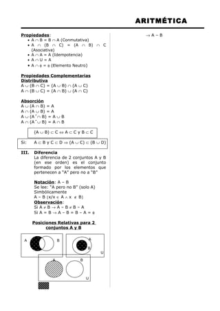 ARITMÉTICA
Propiedades:
• A ∩ B = B ∩ A (Conmutativa)
• A ∩ (B ∩ C) = (A ∩ B) ∩ C
(Asociativa)
• A ∩ A = A (Idempotencia)
• A ∩ U = A
• A ∩ φ = φ (Elemento Neutro)
Propiedades Complementarias
Distributiva
A ∪ (B ∩ C) = (A ∪ B) ∩ (A ∪ C)
A ∩ (B ∪ C) = (A ∩ B) ∪ (A ∩ C)
Absorción
A ∪ (A ∩ B) = A
A ∩ (A ∪ B) = A
A ∪ (A´∩ B) = A ∪ B
A ∩ (A´∪ B) = A ∩ B
(A ∪ B) ⊂ C ⇔ A ⊂ C y B ⊂ C
Si: A ⊂ B y C ⊂ D ⇒ (A ∪ C) ⊂ (B ∪ D)
III. Diferencia
La diferencia de 2 conjuntos A y B
(en ese orden) es el conjunto
formado por los elementos que
pertenecen a “A” pero no a “B”
Notación: A – B
Se lee: “A pero no B” (solo A)
Simbólicamente
A – B {x/x ∈ A ∧ x ∉ B}
Observación:
Si A ≠ B → A – B ≠ B – A
Si A = B → A – B = B – A = φ
Posiciones Relativas para 2
conjuntos A y B
→ A – B
A B
B
A
U
A B
U
 
