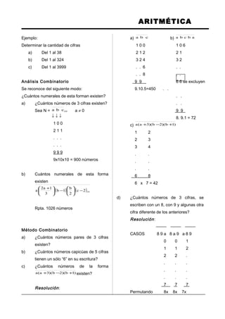 ARITMÉTICA
Ejemplo:
Determinar la cantidad de cifras
a) Del 1 al 38
b) Del 1 al 324
c) Del 1 al 3999
Análisis Combinatorio
Se reconoce del siguiente modo:
¿Cuántos numerales de esta forman existen?
a) ¿Cuántos números de 3 cifras existen?
Sea N = 10cba a ≠ 0
↓ ↓ ↓
1 0 0
2 1 1
. . .
. . .
9 9 9
9x10x10 = 900 números
b) Cuántos numerales de esta forma
existen
( ) ( )192c
2
b
1b
3
1a2
a −





−




 +
Rpta. 1026 números
Método Combinatorio
a) ¿Cuántos números pares de 3 cifras
existen?
b) ¿Cuántos números capicúas de 5 cifras
tienen un sólo “6” en su escritura?
c) ¿Cuántos números de la forma
)1b)(2b)(3a(a +−+ existen?
Resolución:
a) cba b) abcba
1 0 0 1 0 6
2 1 2 2 1
3 2 4 3 2
. . 6 . .
. . 8 . .
9 9 6 6 se excluyen
9.10.5=450 . .
. .
. .
9 9
8. 9.1 = 72
c) )1b)(2b)(3a(a +−+
1 2
2 3
3 4
. .
. .
. .
6 8
6 x 7 = 42
d) ¿Cuántos números de 3 cifras, se
escriben con un 8, con 9 y algunas otra
cifra diferente de los anteriores?
Resolución:
CASOS 8 9 a 8 a 9 a 8 9
0 0 1
1 1 2
2 2 .
. . .
. . .
. . .
7 7 7
Permutando 8x 8x 7x
 