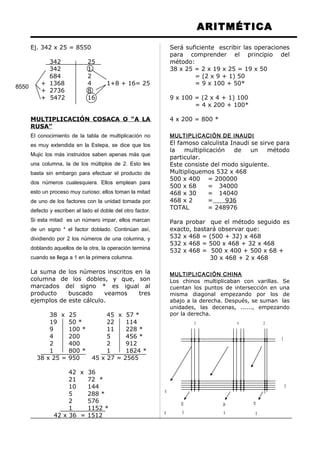 ARITMÉTICA
Ej. 342 x 25 = 8550
342 25
342 1
684 2
+ 1368 4 1+8 + 16= 25
+ 2736 8
+ 5472 16
MULTIPLICACIÓN COSACA O “A LA
RUSA”
El conocimiento de la tabla de multiplicación no
es muy extendida en la Estepa, se dice que los
Mujic los más instruidos saben apenas más que
una columna, la de los múltiplos de 2. Esto les
basta sin embargo para efectuar el producto de
dos números cualesquiera. Ellos emplean para
esto un proceso muy curioso: ellos toman la mitad
de uno de los factores con la unidad tomada por
defecto y escriben al lado el doble del otro factor.
Si esta mitad es un número impar, ellos marcan
de un signo * el factor doblado. Continúan así,
dividiendo por 2 los números de una columna, y
doblando aquellos de la otra, la operación termina
cuando se llega a 1 en la primera columna.
La suma de los números inscritos en la
columna de los dobles, y que, son
marcados del signo * es igual al
producto buscado veamos tres
ejemplos de este cálculo.
38 x 25 45 x 57 *
19 50 * 22 114
9 100 * 11 228 *
4 200 5 456 *
2 400 2 912
1 800 * 1 1824 *
38 x 25 = 950 45 x 27 = 2565
42 x 36
21 72 *
10 144
5 288 *
2 576
1 1152 *
42 x 36 = 1512
Será suficiente escribir las operaciones
para comprender el principio del
método:
38 x 25 = 2 x 19 x 25 = 19 x 50
= (2 x 9 + 1) 50
= 9 x 100 + 50*
9 x 100 = (2 x 4 + 1) 100
= 4 x 200 + 100*
4 x 200 = 800 *
MULTIPLICACIÓN DE INAUDI
El famoso calculista Inaudi se sirve para
la multiplicación de un método
particular.
Este consiste del modo siguiente.
Multipliquemos 532 x 468
500 x 400 = 200000
500 x 68 = 34000
468 x 30 = 14040
468 x 2 = 936
TOTAL = 248976
Para probar que el método seguido es
exacto, bastará observar que:
532 x 468 = (500 + 32) x 468
532 x 468 = 500 x 468 + 32 x 468
532 x 468 = 500 x 400 + 500 x 68 +
30 x 468 + 2 x 468
MULTIPLICACIÓN CHINA
Los chinos multiplicaban con varillas. Se
cuentan los puntos de intersección en una
misma diagonal empezando por los de
abajo a la derecha. Después, se suman las
unidades, las decenas, ......, empezando
por la derecha.
8550
243
2
5
6
23 24 10
0558
 