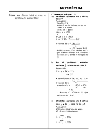 ARITMÉTICA
Nótese que: ¡Siempre habrá un grupo no
periódico y otro grupo periódico!
CONTEO DE MÚLTIPLOS
a) ¿Cuántos números de 3 cifras
son 7?
Resolución:
Sea N = 7 K
Como N es de 3 cifras entonces
100 ≤ N < 1000
100 ≤ 7K < 1000
100 ≤ K < 1000
7 7
14,25 ≤ K < 142,8
K → 15, 16, 17 ………. 142
# valores de K = 142 – 14
1
= 128 valores de K
Como existen 128 valores de K
por lo tanto existen 128 números
que son de 3 cifras y múltiplo de
7.
b) En el problema anterior
cuantos
º
7 terminan en cifra 2
Resolución:
N =
º
7 = 7K = 2...
6...
K seleccionado = 16, 26, 36,...136
# valores de k
seleccionado = 136–6 = 130
10 10
= 13
∴ Existen 13 números
º
7 que
terminan en cifra 2
c) ¿Cuántos números de 3 cifras
son
º
2 y de
º
3 pero no de
º
5 ?
Resolución:
Utilizamos diagrama de Veen
#3 cifras = 900 números
450
2
900
2
º
=→ #
300
3
900
3
º
=→ #
 