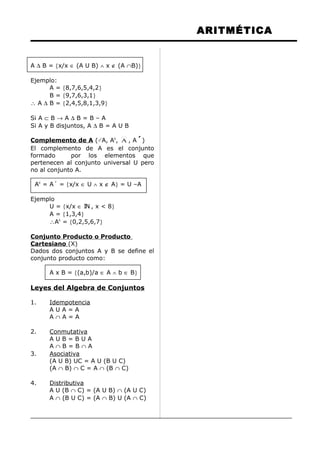 ARITMÉTICA
A ∆ B = {x/x ∈ (A U B) ∧ x ∉ (A ∩B)}
Ejemplo:
A = {8,7,6,5,4,2}
B = {9,7,6,3,1}
∴ A ∆ B = {2,4,5,8,1,3,9}
Si A ⊂ B → A ∆ B = B – A
Si A y B disjuntos, A ∆ B = A U B
Complemento de A (CA, Ac
, A , A´)
El complemento de A es el conjunto
formado por los elementos que
pertenecen al conjunto universal U pero
no al conjunto A.
Ac
= A´ = {x/x ∈ U ∧ x ∉ A} = U –A
Ejemplo
U = {x/x ∈ IN , x < 8}
A = {1,3,4}
∴Ac
= {0,2,5,6,7}
Conjunto Producto o Producto
Cartesiano (X)
Dados dos conjuntos A y B se define el
conjunto producto como:
A x B = {(a,b)/a ∈ A ∧ b ∈ B}
Leyes del Algebra de Conjuntos
1. Idempotencia
A U A = A
A ∩ A = A
2. Conmutativa
A U B = B U A
A ∩ B = B ∩ A
3. Asociativa
(A U B) UC = A U (B U C)
(A ∩ B) ∩ C = A ∩ (B ∩ C)
4. Distributiva
A U (B ∩ C) = (A U B) ∩ (A U C)
A ∩ (B U C) = (A ∩ B) U (A ∩ C)
 