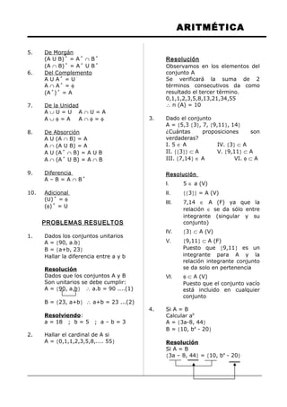 ARITMÉTICA
5. De Morgán
(A U B)´ = A´ ∩ B´
(A ∩ B)´ = A´ U B´
6. Del Complemento
A U A´ = U
A ∩ A´ = φ
(A´)´ = A
7. De la Unidad
A ∪ U = U A ∩ U = A
A ∪ φ = A A ∩ φ = φ
8. De Absorción
A U (A ∩ B) = A
A ∩ (A U B) = A
A U (A´ ∩ B) = A U B
A ∩ (A´ U B) = A ∩ B
9. Diferencia
A – B = A ∩ B´
10. Adicional
(U)´ = φ
(φ)´ = U
PROBLEMAS RESUELTOS
1. Dados los conjuntos unitarios
A = {90, a.b}
B = {a+b, 23}
Hallar la diferencia entre a y b
Resolución
Dados que los conjuntos A y B
Son unitarios se debe cumplir:
A = {90, a.b} ∴ a.b = 90 ....(1)
B = {23, a+b} ∴ a+b = 23 ...(2)
Resolviendo:
a = 18 ; b = 5 ; a – b = 3
2. Hallar el cardinal de A si
A = {0,1,1,2,3,5,8,.... 55}
Resolución
Observamos en los elementos del
conjunto A
Se verificará la suma de 2
términos consecutivos da como
resultado el tercer término.
0,1,1,2,3,5,8,13,21,34,55
∴ n (A) = 10
3. Dado el conjunto
A = {5,3 {3}, 7, {9,11}, 14}
¿Cuántas proposiciones son
verdaderas?
I. 5 ∈ A IV. {3} ⊂ A
II. {{3}} ⊂ A V. {9,11} ⊂ A
III. {7,14} ∈ A VI. φ ⊂ A
Resolución
I. 5 ∈ a (V)
II. {{3}} = A (V)
III. 7,14 ∈ A (F) ya que la
relación ∈ se da sólo entre
integrante (singular y su
conjunto)
IV. {3} ⊂ A (V)
V. {9,11} ⊂ A (F)
Puesto que {9,11} es un
integrante para A y la
relación integrante conjunto
se da solo en pertenencia
VI. φ ⊂ A (V)
Puesto que el conjunto vacío
está incluido en cualquier
conjunto
4. Si A = B
Calcular ab
A = {3a-8, 44}
B = {10, ba
- 20}
Resolución
Si A = B
{3a – 8, 44} = {10, ba
- 20}
 