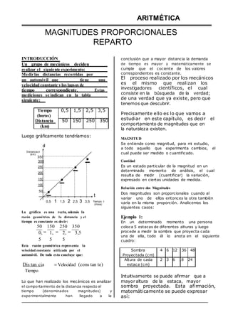 ARITMÉTICA
MAGNITUDES PROPORCIONALES
REPARTO
INTRODUCCIÓN
Un grupo de mecánicos deciden
realizar el siguiente experimento:
Medir las distancias recorridas por
un automóvil que tiene una
velocidad constante y los lapsos de
tiempo correspondiente. Estas
mediciones se indican en la tabla
siguiente:
Tiempo 0,5 1,5 2,5 3,5
(horas)
Distancia 50 150 250 350
(km)
Luego gráficamente tendríamos:
d
conclusión que a mayor distancia la demanda
de tiempo es mayor y matemáticamente se
cumple que el cociente de los valores
correspondientes es constante.
El proceso realizado por los mecánicos
es el mismo que realizan los
investigadores científicos, el cual
consiste en la búsqueda de la verdad;
de una verdad que ya existe, pero que
tenemos que descubrir.
Precisamente ello es lo que vamos a
estudiar en este capítulo, es decir el
comportamiento de magnitudes que en
la naturaleza existen.
MAGNITUD
Se entiende como magnitud, para mi estudio,
a todo aquello que experimenta cambios, el
Distancia d
(km)
350
300
250
200
150
100
50 .
.
. .
t
cual puede ser medido o cuantificado.
Cantidad
Es un estado particular de la magnitud en un
determinado momento de análisis, el cual
resulta de medir (cuantificar) la variación,
expresado en ciertas unidades de medida.
Relación entre dos Magnitudes
Dos magnitudes son proporcionales cuando al
variar uno de ellos entonces la otra también
0,5 1 1,5 2 2,5 3 3,5 Tiempo: t
(Hora) varía en la misma proporción. Analicemos los
siguientes casos:
La gráfica es una recta, además la
razón geométrica de la distancia y el
tiempo es constante es decir:
50 150 250 350
Ejemplo 1:
En un determinado momento una persona
coloca 5 estacas de diferentes alturas y luego
0,
5
 1,
5
 2,
5
 3,5 procede a medir la sombra que proyecta cada
una de ella, todo él lo anota en el siguiente
cuadro:
Esta razón geométrica representa la
velocidad constante utilizada por el
automóvil. De todo esto concluye que:
Dis tan cia Velocidad (cons tan te)
Tiempo
Sombra
Proyectada (cm)
Altura de cada
estaca (cm)
4 6 12 36 48
2 3 6 18 24
Lo que han realizado los mecánicos es analizar
el comportamiento de la distancia respecto al
tiempo (denominados magnitudes) y
experimentalmente han llegado a la
Intuitivamente se puede afirmar que a
mayor altura de la estaca, mayor
sombra proyectada. Esta afirmación,
matemáticamente se puede expresar
así:
 
