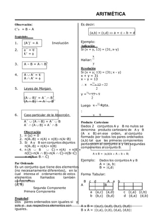 Observación:
C
A
B = B – A
Es decir:
ARITMÉTICA
Propiedades
(a,b) = (c,d)  a = c  b = d
1. (A´)´ = A
2. ´ = U
U´ = 


3. A – B = A  B´
4. A  A´ = U
A  A´ = 


5. Leyes de Morgan
Involución Ejemplo:
Aplicación
Si (x + y, 13) = (31, x-y)
x
Hallar:
y
Resolución
Si (x + y; 13) = (31; x - y)
x + y = 31
x – y = 13
 x =
31
13 22
2
y =
31
13 9
(A  B)´ = A´  B´
(A  B)´ = A´  B´
Luego
:
2
x 
22
Rpta.
6. Caso particular de la Absorción y 9
A´  (A  B) = A´  B
A´  (A  B) = A´  B
Observación
1. n () = 0
2. n(AB) = n(A) + n(B)–n(AB)
3. Si A y B son conjuntos disjuntos
n(AB) = n(A)+ n(B)
4. n (A  B  C) = n(A) + n(B)+
n(C)–n(A  B)–n(A  C)–n(BC)
+ n(A  B  C)
Par Ordenado
Es un conjunto que tiene dos elementos
(no necesariamente diferentes), en la
cual interesa el ordenamiento de estos
elementos llamados también
Producto Cartesiano
Dados 2 conjuntos A y B no nulos se
denomina producto cartesiano de A y B
(A x B) en ese orden, al conjunto
formado por todos los pares ordenados
(a,b) tal que las primeras componentes
pertenecen al conjunto a y las segundas
componentes al conjunto B.
A x B = a,b/a  A  b  B

Ejemplo: Dados los conjuntos A y B
A = a, b
B = c,d

Forma Tabular:
componentes
(a, b)
Segunda Componente
B c d
A
A a b
B
Primera Componente
Propiedad:
Dos pares ordenados son iguales si y
solo si sus respectivos elementos son
iguales.
a (a,c) (a,d) c (c,a) (c,b)
b (b,c) (b,d) d (d,a) (d,b)
A x B = (a,c), (a,d), (b,c), (b,d)
B x A = (c,a), (c,b), (d,a), (d,b)
 