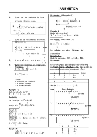 6. Suma de los cuadrados de los n
ARITMÉTICA
Resolución: Utilizando (2)
 



S
primeros números pares.
n
(2i)2
22
42
62
....(2n)2
B =
B =
10(10 1) 2(10) 1
6
10(11)(21) 385
6
(2n)2


i 1
2
3
n(n 1)(2n 1)
Ejemplo 4
Hallar el valor de C
Si C = 13+ 23 + 33 + ...+103
7. Suma de los productos de 2 números
consecutivos
Resolución Utilizando (3)
C = 
10
.11
2
3025
n


i 1
i(i 1) 1.2 2.3 3.4 ... n(n
1)
2
La Adición en otros Sistemas de
 n(n 1)(n 2)
3
a
Numeración
Ejemplo I
Halle la suma de: 4357., 1647., 4167
8. S = a + a² + a3... + an = an+1 - 
a 1
Resolución
9. Suma de términos en Progresión
Aritmética
S = t1 + t2 + t3 + .... + tn
Los sumandos son colocados en forma
vertical para efectuar la operación de
acuerdo al orden que ocupa sus cifras.
S =
n
(t1t )
3
4
2
3
1
5(7)
Orden
+
2
Donde:
n 1 6 4(7)
n = número de términos
t1 = primer término
4 1 6(7)
tn = ultimo término Suma ¿ ........................?
Ejemplo (1)
Calcular el valor de “S”
S = 2 + 4 + 6 + .... + 98
Resolución
Se tiene que: n =
98
0 49
Orden
1
Procedimiento
5 + 4 + 6 = 15 = 2.7 + 1
queda
Se lleva
Luego S =
49
2
2
(2 98) 2450
2 3 + 6 + 1 + 2 = 12 = 1.7 + 5
queda
Ejemplo (2)
Hallar “A”
Si A = 1 + 2 + 3 + ... + 10
Resolución
Utilizando (1) Suma de los n primeros
números
A =
10
(11) 55 Rpta.
3
Se lleva
4 + 1 + 4 + 1 = 10 = 1.7 + 3
queda
Se lleva
2
Ejemplo (3)
Hallar B
Si B = 1² + 2² + 3² + ... + 10²
1
1
4
1
4
3
3
6
1
5
5(7) +
4(7)
6(7)
1(7)
 