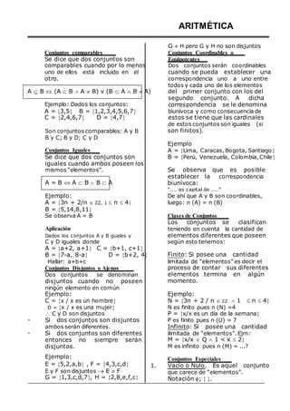 Conjuntos comparables
Se dice que dos conjuntos son
comparables cuando por lo menos
uno de ellos está incluido en el
otro.
A  B  (A  B  A  B) v (B  A  B  A)
Ejemplo: Dados los conjuntos:
A = 3,5 B = 1,2,3,4,5,6,7
ARITMÉTICA
G  H pero G y H no son disjuntos
Conjuntos Coordinables o
Equipotentes
Dos conjuntos serán coordinables
cuando se pueda establecer una
correspondencia uno a uno entre
todos y cada uno de los elementos
del primer conjunto con los del
segundo conjunto. A dicha
correspondencia se le denomina
biunívoca y como consecuencia de
C = 2,4,6,7 D = 4,7 estos se tiene que las cardinales
de estos conjuntos son iguales (si
-
-
Son conjuntos comparables: A y B
B y C; B y D; C y D
Conjuntos Iguales
Se dice que dos conjuntos son
iguales cuando ambos poseen los
mismos “elementos”.
A = B  A  B  B  A
Ejemplo:
A = 3n + 2/n  ZZ, 1  n  4
B = 5,14,8,11
Se observa A = B
Aplicación
Dados los conjuntos A y B guales y
C y D iguales donde
A = a+2, a+1 C = b+1, c+1
B = 7-a, 8-a D = b+2, 4
Hallar: a+b+c
Conjuntos Disjuntos o Ajenos
Dos conjuntos se denominan
disjuntos cuando no poseen
ningún elemento en común
Ejemplo:
C = x / x es un hombre
D = x / x es una mujer
 C y D son disjuntos
Si dos conjuntos son disjuntos
ambos serán diferentes.
Si dos conjuntos son diferentes
entonces no siempre serán
disjuntos.
Ejemplo:
E = 5,2,a,b , F = 4,3,c,d
E y F son disjuntos  E  F
G = 1,3,c,d,7, H = 2,8,e,f,c
son finitos).
Ejemplo
A = Lima, Caracas, Bogota, Santiago
B = Perú, Venezuela, Colombia, Chile

Se observa que es posible
establecer la correspondencia
biunívoca:
“.... es capital de ....”
De ahí que A y B son coordinables,
luego: n (A) = n (B)
Clases de Conjuntos
Los conjuntos se clasifican
teniendo en cuenta la cantidad de
elementos diferentes que poseen
según esto tenemos:
Finito: Si posee una cantidad
limitada de “elementos” es decir el
proceso de contar sus diferentes
elementos termina en algún
momento.
Ejemplo:
N = 3n + 2 / n  ZZ  1  n  4
N es finito pues n (N) =4
P = x/x es un día de la semana
P es finito pues n (U) = 7
Infinito: Si posee una cantidad
ilimitada de “elementos”. Ejm:
M = x/x  Q  1 < x  2
M es infinito pues n (M) = ...?
Conjuntos Especiales
1. Vacío o Nulo. Es aquel conjunto
que carece de “elementos”.
Notación ; .
 