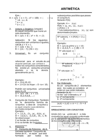 Ejm.:
A = x/o < x < 5  x² = 100 =   = 
* A :  A
* 
* 

2. Unitario o Singleton (singular)
Es aquel conjunto que tiene un
solo elemento.
B = x/x > 0  x² = 9 = 3

Aplicación: Si los siguientes
conjuntos son unitarios e iguales,
calcule a + b + c.
A = (2a + b); c
B = (2c - 7); (5b + 2)
ARITMÉTICA
subconjuntos posibles que posee
el conjunto A.
Notación P(A)
Ejemplo: A = x,y
P(A) = , x, y, x,y
n (P(A)) = 4
* Los subconjuntos , x, y son
denominados propios.
Nº subconj. = n (P(A)) = 2n(A )
A
Ejemplo:
B = x/x es primo y x < 10
B = 2,3,5,7 n (B) = 4
Nº subconjunt os 
3. Universal: Es un conjunto 

de B  4 
2 16

referencial para el estudio de una
situación particular, que contiene a
todos los conjuntos considerados.
No existe un conjunto universal
absoluto y se le denota
generalmente por U.
Nº subconj. = 2n(A ) - 1
Propios A
Nº subconjunt os 
  
24
1 15
Ejemplo:  propios de B 
A = 2,6,10,12
B = x+3/x es impar  0 <x< 10

Podrán ser conjuntos universales
para A y B
U = x/x IN  x < 13
U = 0,2,4,6,8,....

4. Conjunto de Conjuntos: También
se le denomina familia de
conjuntos o clase de conjuntos y
es aquel conjunto cuyos elementos
son todos conjuntos.
Ejemplo:
C = 2,3, 3, a, 6,b, 
D = a,b,c, 2,3,6, 6, c, 8
Se observa que:
C es familia de conjuntos
D no es familia de conjuntos
5. Potencia
6. Par Ordenado
Es un conjunto de 2 elementos
para los cuales se considera el
orden en que están indicados.
Notación (a, b)
Se lee “par ordenado a, b”
a: 1º componente
b: 2º componente
(a,b) = (c,d)  a = c  b = d
OPERACIONES CON CONJUNTOS
Unión (U): La unión de 2 o más
conjuntos es aquel conjunto conformado
por la agrupación de todos los elementos
de los conjuntos que intervienen.
A U B = x/x  A  x  B
U
El Conjunto de Potencia de A,
llamado también “Conjunto de
Partes de A”, es aquel que está
A B
formado por todos los
 