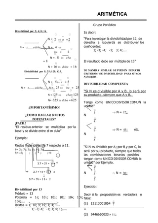 Divisibilidad por 2; 4; 8; 16
ARITMÉTICA
Grupo Periódico
Es decir:
N = 2  a = 2 “Para investigar la divisibilidad por 13, de
derecha a izquierda se distribuyen los
N = z.......edcba N = 4 
 ba = 4
coeficientes:
1; -3; -4; -1; 3; 4;....
N = 8  cba
= 8 El resultado debe ser múltiplo de 13”
N = 16  dcba = 16
Divisibilidad por 5; 25; 125; 625
N = 5 a = 5
N = z....... edcba N = 25  ba = 25
DE MANERA SIMILAR SE PUEDEN DEDUCIR
CRITERIOS DE DIVISIBILIDAD PARA OTROS
NUMEROS
DIVISIBILIDAD COMPUESTA
“Si N es divisible por A y B, lo será por
N =125  cba= 125
N= 625 dcba = 625
¡IMPORTANTÍSIMO!
su producto, siempre que A y B.
Tenga como UNICO DIVISOR COMUN la
unidad”
¿COMO HALLAR RESTOS
POTENCIALES?
¡FACIL!
“El residuo anterior se multiplica por la
base y se divide entre el m dulo”
Ejemplo:
N
N
3
4
9
5
 N = 12
 N = 45 etc.
Restos Potenciales de 7 respecto a 11:
P= 70; 71; 72; 73; 74; 75; .............
R=1;7; ; ; ; ;10
3.7 = 21 = 11+ 10
“Si N es divisible por A; por B y por C, lo
será por su producto, siempre que todas
las combinaciones binarias posibles
tengan como UNICO DIVISOR COMUN la
unidad” por Ejemplo.
2
2.7 = 14 = 11+ 3
5.7 = 35 = 11+ 2
N 3
5
 N = 30
Divisibilidad por 13
Módulo = 13
Potencia = 10; 101; 102; 103; 104; 105;
106;....
Restos = 1; 10; 9; 12; 3; 4; 1...
1; -3;-4; -1; 3; 4; 1;.....
Ejercicio:
Decir si la proposición es verdadera o
falsa:
(1) 12113001054
=
7
(2) 9446660023 11
 