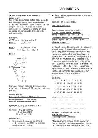 ¿Cómo se determina si un número es
primo o no?
Se divide al número entre cada uno de
los números primos menores o iguales
a su raíz cuadrada aproximada. Si en
ningún caso la división es exacta
entonces el número es primo en caso
contrario es compuesto (Criterio de la
raíz cuadrada)
Ejemplo:
¿223 es un número primo?
Paso 1 223 ,... 14
ARITMÉTICA
 Dos números consecutivos siempre
son PESi.
Ejemplo: 24 y 25 son PESi
CRIBA DE ERATOSTENES
Eratostenes de cirene, nació en 276
A.C. en cirene (ahora Shahhat,
Libia) y falleció en 197 A.C. en
Alejandría, Egipto. Es recordado
por su aporte en la teoría de los
números primos.
Paso 2
Paso 3
223
# primos  14
2, 3, 5, 7, 11, 13
13 2
11 3
7 6
5 3
3 1
2 1
Y dio el método que nos da a conocer
los primeros números primos absolutos
de la siguiente manera: Se colocan los
números naturales consecutivos a
excepción de la unidad y se procede a
eliminar los múltiplos de 2 excepto el 2,
todos los múltiplos de 3 excepto el 3 y
así sucesivamente hasta eliminar los
múltiplos de la raíz cuadrada
aproximada del número excepto esta,
luego los números que quedan serán
los primeros primos absolutos.
Se tiene:
2 3 4 5 6 7 8 9 10
11 12 13 14 15 16 17 18 19 20
Como en ningún caso las divisiones son
exactas, entonces 223 es un número
primo.
Números PESi 2 o 2
Son aquellos números PESi, que al
21 22 23 24 25 26 27 28
31 32 33 34 35 36 37 38
41 42 43 44 45 46 47 48
Los primos absolutos son:
19
29
49
30
40
50
formar grupos de 2 con dichos
números resultan también PESi.
Ejemplo: 8,21 y 25 son PESi 2 a 2
Porque: 8 y 21 son PESi
8 y 25 son PESi
21 y 25 son PESi
PROPIEDADES
 Si un grupo de números son PESi. 2
a 2 entonces son PESi lo reciproco
no siempre se cumple.
. . . . . . . . . . . . . . . . . . . . . . . . . . . .
. . . . . . . . . . . . . . . . . . . . . . . . . . .
. . . . . . . . . . . . . . . . . . . . . . . . . . . .
TEOREMA FUNDAMENTAL DE LA
ARITMETICA
(Descomposición Canonica)
“Todo número entero positivo mayor
que la unidad se puede expresar como
la multiplicación indicada de sus
 