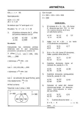 CD(4k+2 – 4
k
) = 92
Reemplazando:
4(2k + 1) = 92
2k + 1 = 23
Se deduce que “k” será igual a 11
Me piden: “k - 1”  k – 1 = 10
3. ¿Cuántos números de 3 cifras
son primos relativos con 6?
ARITMÉTICA
Con lo cual:
X + 300 + 150 + 150 = 900
X = 300
EJERCICIOS
1. El número N = 24 . 15n . 155 tiene
8 divisores que son P.E. si con
12n. Cuántos divisores de N tiene
un sólo factor primo.
a) 10 b) 12 c) 13
a) 200
d) 400
b) 150
e) 600
c) 300 d) 14 e) 16
Resolución:
2. Hallar n si M = 20n x 30n tiene
1725 divisores compuestos.
Calculando los números primos
relativos con 6 por conjuntos;
previamente calculamos los números de
a) 5
d) 8
b) 6
e) 9
c) 7
3 cifras
º º º º
2, 3 y 6. Los 2 : 100, 102,
3. Si A = 9 x 10n tiene 27 divisores.
Hallar cuantas cifras tiene A3.
104,......,998
 términos =
998
98 



450
a) 9
d) 12
b) 7
e) 13
c) 10
º
2 4. Cuántos divisores tiene el
número N2, siendo N = 72.
Los 3 : 102,105,108,....,999
 términos =
999
99 300
a) 25
d) 35
b) 24
e) 36
c) 28
º
3 5. Cuántos divisores compuestos
tiene N3, siendo N = 96
Los 6 se calculan de igual forma; pero
más rápidamente:
900
150
6
a) 54
d) 60
b) 57
e) 64
c) 61
Al final se tiene:
Total de s de 3 cifras = 900
6. Calcular el valor del menor
número que tenga 14 divisores.
Indicar como respuesta la suma
de sus cifras.
2 = 450 6 = 150 3 = 300 a) 12
d) 15
b) 9
e) 18
c) 6
300 150 150 7. Cuántos divisores tiene
x
E = 4n – 4 n-2 si 65n
tiene n1
divisores.
 
