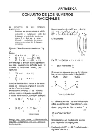 ARITMÉTICA
CONJUNTO DE LOS NUMEROS
RACIONALES
EL CONJUNTO DE LOS NUMEROS
RACIONALES
Se conoce que las operaciones de adición,
Formemos el conjunto ZZ x ZZ *, donde:
ZZ = (....-3,-2,-1,0,1,2,3,...)
sustracción y multiplicación están bien
definidas en el conjunto de los números
enteros Z, es decir que la suma,
diferencia y producto de dos números
enteros, es otro entero (Ley de clausura o
cerradura).
Ejemplo: Sean los números enteros 13 y
7,
Luego:
* 13 + 7 = 20 ........(20  ZZ )
* 13 - 7 = 6 ........( 6  ZZ )
ZZ * = (....-3,-2,-1,1,2,3, ....)
Gráficamente:
Z
.
.
.
-3
-2
-1
0
1
2
3
.
.
.
x
(a, b)
Z+
.
.
.
-3
-2
-1
0
1
2
3
.
.
.
* 13 . 7 = 91 ........(91  ZZ )
Sin embargo la división es una operación
Z x ZZ * = (a,b)/a  ZZ  b  ZZ *
que está parcialmente definida, pues el
cociente no siempre es entero, por
ejemplo:
* (a,b) representa a
b
*
*
20 = 4
5
13 = c
7
(4  ZZ )
(c  ZZ )
Observando algunos pares y denotando
las componentes mediante la división:
...(2,4) (4,8) (6,12)....
como en la vida diaria se van a dar estos
casos, es necesario ampliar el conjunto
de los números enteros.
Empezaremos tomando a los números
enteros en pares ordenados, denotándolo
a través de la división, como por ejemplo:
* (5, 3) =
5
* (-8, 2) = 8
...
2 4
4 8
“son equivalentes”
6 ...
12
3 2 La observación nos permite indicar que
estos concientes son “equivalentes”, pero
* (0, 9) =
0
* (7, 0) =
7
9 0
Indeterminado
si nos preguntarán: ¿los cocientes
18
y
24
15 son “equivalentes”?
20
Luego hay que tener cuidado que la
segunda componente del par ordenado
no sea cero.
Necesitaríamos un fundamento teórico
para responder dicha pregunta.
En el conjunto ZZ x ZZ *, definimos la
siguiente relación  :
 