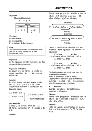 En general
Magnitud Cantidades
x a y b
RAZON
Aritmética Geométrica
ARITMÉTICA
Forme una proporción aritmética con las
edades de 4 alumnos y que son: 15
años, 17 años, 18 años y 14 años.
Extremos
i) 18 años-15 años = 17 años-14 años
Términos
a – b = R a K
b Medios
Extremos
a : antecedente
b : consecuente
R y K: valores de las razones
NOTA
Cuando en el texto se mencione solamente razón
o relación se debe entender que se hace
referencia a la razón
Proporción
Es la igualdad en valor numérico de dos
razones de la misma clase.
Proporción aritmética
Es aquel que se forma al igualar los
valores numéricos de dos razones
aritméticas.
Ejemplo:
Se tiene cuatro artículos cuyos precios
son: S/.15, S/.13, S/.9, S/.7. Los cuales
se comparan mediante la sustracción del
siguiente modo:
S/.15–S/.13 = S/.2
S/.15-S/.13=S/.9-S/.7
S/. 9 –S/.7 = S/.2
Términos Medios
Interpretación:
El precio S/. 15 excede a precio de S/.
13 tanto como el de S/. 9 excede al de
S/.7.
Ejemplo:
ii) 18 años-17 años = 15 años-14 años
Medios
Llevando los extremos y medios a un solo
miembro de la igualdad se obtiene lo
siguiente:
Extremos Medios
* 18 años+14 años = 17años+15 años
32 años = 32 años
Extremos Medios
* 18 años+14 años = 19años+17 años
32 años = 32 años
De donde podemos concluir que en toda
proporción aritmética:
[Suma de extremos] = [suma de medios]
Dependiendo del valor que asumen los
términos medios las proporciones
aritméticas presentan dos tipos.
A. Discreta.
Cuando los valores de los términos
medios son diferentes.
Ejemplo:
Forme una proporción aritmética con las
alturas de 4 edificios y que son: 25m;
18m; 42m y 35m.
Ejemplo:
Halle la cuarta diferencial de los precios
de tres artículos que son: S/. 50, S/.34 y
S/.29
 