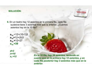 SOLUCIÓN:



6. En un teatro hay 12 asientos en la primera fila, cada fila
    sucesiva tiene 3 asientos mas que la anterior. ¿Cuántos
    asientos hay en la 10 fila?


  a10 =12+(10-1)3
  a10=12+(9)3
  a10 =12+27
  a10 =39

  d=3
  n=10
                           En la 10 fila, hay 39 asientos, teniendo en
  a1 =12
                           cuenta que en la primera hay 12 asientos, y en
                           cada fila posterior hay 3 asientos más que en la
                           anterior.
 