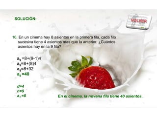SOLUCIÓN:



16. En un cinema hay 8 asientos en la primera fila, cada fila
   sucesiva tiene 4 asientos mas que la anterior. ¿Cuántos
   asientos hay en la 9 fila?


  a9 =8+(9-1)4
  a9=8+(8)4
  a9=8+32
  a9 =40

  d=4
  n=9
  a1 =8                   En el cinema, la novena fila tiene 40 asientos.
 