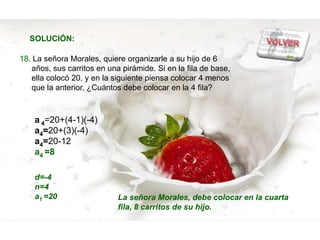 SOLUCIÓN:

18. La señora Morales, quiere organizarle a su hijo de 6
   años, sus carritos en una pirámide. Si en la fila de base,
   ella colocó 20, y en la siguiente piensa colocar 4 menos
   que la anterior. ¿Cuántos debe colocar en la 4 fila?



    a 4=20+(4-1)(-4)
    a4=20+(3)(-4)
    a4=20-12
    a4 =8

    d=-4
    n=4
    a1 =20                  La señora Morales, debe colocar en la cuarta
                            fila, 8 carritos de su hijo.
 