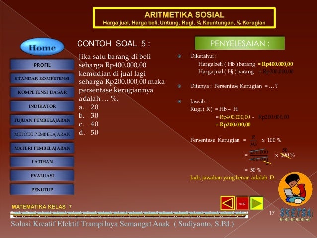 Contoh Soal Aritmatika Sosial Persentase Untung Dan Rugi