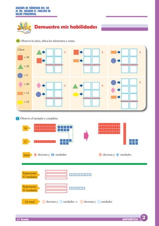ADICIÓN DE NÚMEROS DEL 50
AL 99, USANDO EL TABLERO DE
VALOR POSICIONAL
ARITMÉTICA
1.er
Grado
Demuestro mis habilidades
11 Observa la clave, ubica los elementos y suma.
= 36
= 42
= 4
= 60
= 15
= 53
Clave
+
+
+
+
+
+
12 Observa el ejemplo y completa:
39
Represento
37 unidades
Represento
35 unidades
17
Total
En total
4 decenas y 16 unidades
decenas y unidades o
5 decenas y 6 unidades
decenas y unidades
2
 