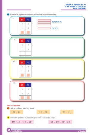 ADICIÓN DE NÚMEROS DEL 50
AL 99, USANDO EL TABLERO DE
VALOR POSICIONAL
ARITMÉTICA 1.er
Grado
16 Resuelve las siguientes adiciones utilizando el material multibase.
3 7
1 1
		
D U
+
b)
3 5
1 3
		
D U
+
a)
3 0
1 2
		
D U
+
e)
d)
3 5
2 2
		
D U
+
Para tu cuaderno
17 Ordena en forma vertical y suma.
3 4 + 1 4
			
2 8 + 2 0
		
3 7 + 6 1
18 Coloca los números en el tablero posicional y calcula las sumas.
2 U y 6 D + 4 D y 4 U
			
4 D y 2 U + 6 U y 2 D
2
 