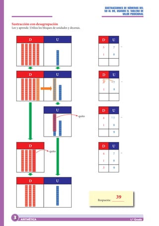 SUSTRACCIONES DE NÚMEROS DEL
50 AL 99, USANDO EL TABLERO DE
VALOR POSICIONAL
ARITMÉTICA 1.er
Grado
Sustracción con desagrupación
Lee y aprende. Utiliza los bloques de unidades y decenas.
5 7
1 8
D U
–
4 7
1 8
9
D U
–
4 7
1 8
3 9
D U
–
5 7
1 8
D U
–
D
D
D
D
U
U
U
U
		
39
Respuesta: ________
quito
quito
4
1
1
3
 