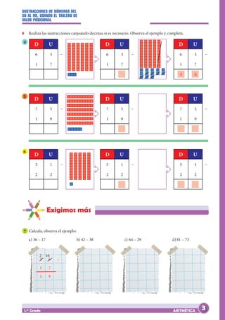 SUSTRACCIONES DE NÚMEROS DEL
50 AL 99, USANDO EL TABLERO DE
VALOR POSICIONAL
ARITMÉTICA
1.er
Grado
6 3
1 7
4 6
D U
–
7 5
1 9
		
D U
–
5 1
2 2
		
D U
–
6 3
1 7
		
D U
–
7 5
1 9
		
D U
–
5 1
2 2
		
D U
–
6 3
1 7
		
D U
–
7 5
1 9
		
D U
–
5 1
2 2
		
D U
–
4
Z
Z Realiza las sustracciones canjeando decenas si es necesario. Observa el ejemplo y completa.
5
6
Exigimos más
7 Calcula, observa el ejemplo:
a) 36 – 17 b) 42 – 38 c) 64 – 29 d) 81 – 73
3 6 –
1 7
1 9
2 16
3
 
