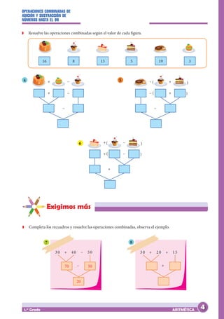 OPERACIONES COMBINADAS DE
ADICIÓN Y SUSTRACCIÓN DE
NÚMEROS HASTA EL 99
ARITMÉTICA
1.er
Grado
Z
Z Resuelve las operaciones combinadas según el valor de cada figura.
16 5
8 19
13 3
4
+ –
+ –(
(
(
(
– +
– –
– +
5
+
+(
(
(
(
–
+
–
6
Exigimos más
Z
Z Completa los recuadros y resuelve las operaciones combinadas, observa el ejemplo.
70 50
20
30 + 40 – 50 30 + 20 + 15
– +
7 8
4
 