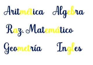 Aritmética Algebra
Raz. Matemático
Geometría Ingles
 