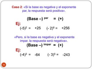 16
Caso 2: «Si la base es negativa y el exponente
par, la respuesta será positiva».
(Base –) par = (+)
Ej:
(-5)2 = (- 2)8 =
«Pero, si la base es negativa y el exponente
impar, la respuesta será negativa».
(Base –) impar = (+)
Ej:
(-4)3 = (- 3)5 =
+25 +256
-64 -243
 