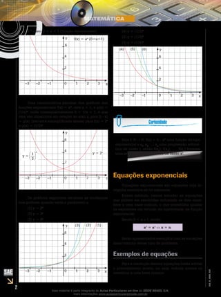 2
EM_V_MAT_006
2.º caso: 0 < a < 1 (função decrescente)
y
x10 2 3–3 –2 –1
2
4
6
f(x) = ax
(0<a<1)
Uma característica peculiar dos gráficos das
funções exponenciais f(x) = ax
, com a > 1, e g(x) =
(1/a)x
, onde consequentemente 0 < 1/a < 1, é que
eles são simétricos em relação ao eixo y, pois f(−x)
= g(x). Isso está exemplificado abaixo para f(x) = 2x
e g(x) = (1/2)x
.
y
x10 2 3–3 –2 –1
2
4
6
y = 2x
y =
1
2
Os gráficos seguintes retratam as mudanças
nos gráficos quando varia o parâmetro a.
(1) y = 2x
(2) y = 3x
(3) y = 4x
y
x10 2 3–3 –2 –1
2
4
6
(3) (2) (1)
(4) y = (1/2)x
(2) y = (1/3)x
(3) y = (1/4)x
y
x10 2 3–3 –2 –1
2
4
6
(4) (5) (6)
Seja f: R R, f(x) = b . ax
uma função do tipo
exponencial e x1
, x2
, ..., xn
uma progressão aritmé-
tica de razão r, então f(x1
), f(x2
), ... , f(xn
) formam
uma progressão geométrica de razão ar
.
Equações exponenciais
Equações exponenciais são equações cuja in-
cógnita encontra-se no expoente.
Nesse módulo, vamos estudar as equações
que podem ser resolvidas reduzindo os dois mem-
bros a uma base comum, o que possibilita igualar
os expoentes em virtude da injetividade da função
exponencial.
Sendo 0 < a 1, então:
ax
= an
x = n
Serão apresentados exemplos com as variações
mais comuns desse tipo de problema.
Exemplos de equações
Para a resolução dessas equações basta adotar
o procedimento acima, ou seja, reduzir ambos os
membros a uma base comum.
Esse material é parte integrante do Aulas Particulares on-line do IESDE BRASIL S/A,
mais informações www.aulasparticularesiesde.com.br
 