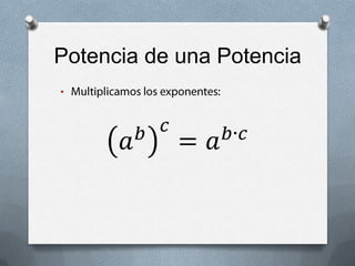 División con igual baseSe conserva la base y se restan los exponentes:𝑎𝑚𝑎𝑛=𝑎𝑚−𝑛 