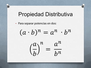 Producto de una PotenciaCon igual exponente, multiplicamos las bases:𝑎𝑥∙𝑏𝑥=𝑎∙𝑏𝑥 