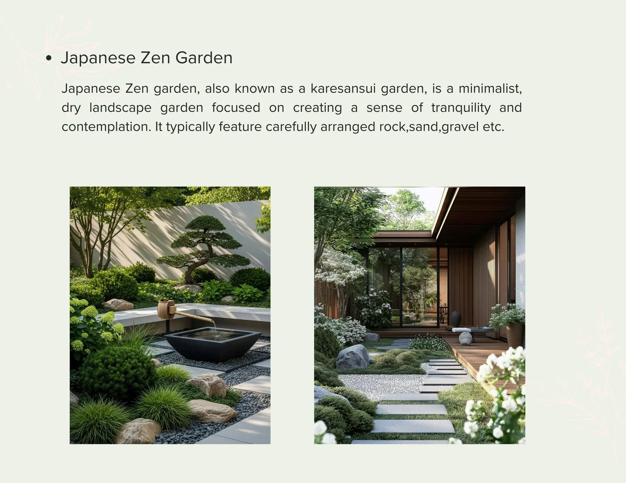 Japanese Zen Garden
Japanese Zen garden, also known as a karesansui garden, is a minimalist,
dry landscape garden focused on creating a sense of tranquility and
contemplation. It typically feature carefully arranged rock,sand,gravel etc.
 