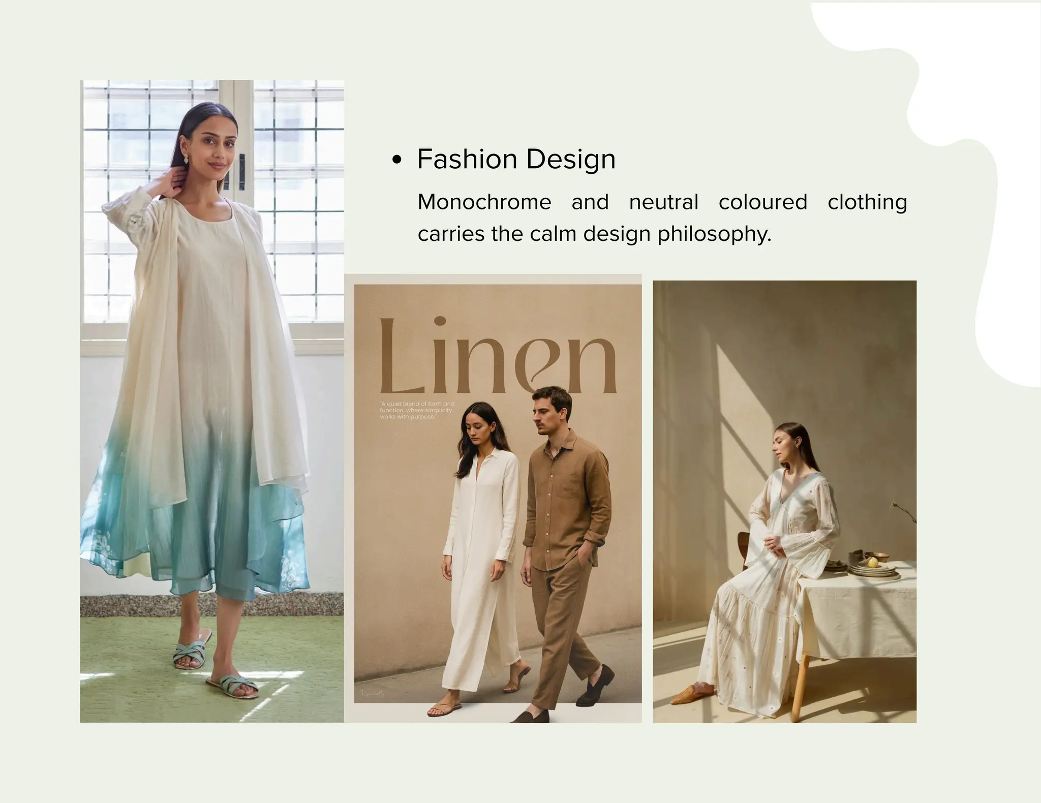 Fashion Design
Monochrome and neutral coloured clothing
carries the calm design philosophy.
 