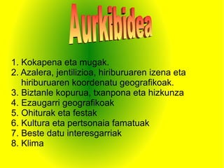 .
1. Kokapena eta mugak.
2. Azalera, jentilizioa, hiriburuaren izena eta
hiriburuaren koordenatu geografikoak.
3. Biztanle kopurua, txanpona eta hizkunza
4. Ezaugarri geografikoak
5. Ohiturak eta festak
6. Kultura eta pertsonaia famatuak
7. Beste datu interesgarriak
8. Klima
 