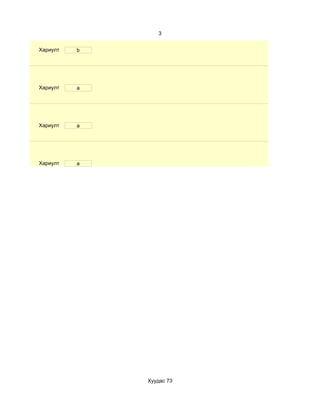 3


Хариулт   b




Хариулт   a




Хариулт   a




Хариулт   a




              Хуудас 73
 