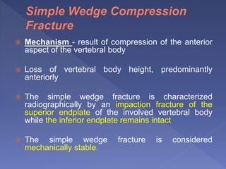  Mechanism - result of compression of the anterior
aspect of the vertebral body
 Loss of vertebral body height, predominantly
anteriorly
 The simple wedge fracture is characterized
radiographically by an impaction fracture of the
superior endplate of the involved vertebral body
while the inferior endplate remains intact
 The simple wedge fracture is considered
mechanically stable.
 