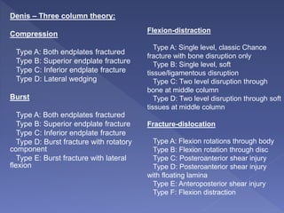 Denis – Three column theory:
Compression
Type A: Both endplates fractured
Type B: Superior endplate fracture
Type C: Inferior endplate fracture
Type D: Lateral wedging
Burst
Type A: Both endplates fractured
Type B: Superior endplate fracture
Type C: Inferior endplate fracture
Type D: Burst fracture with rotatory
component
Type E: Burst fracture with lateral
flexion
Flexion-distraction
Type A: Single level, classic Chance
fracture with bone disruption only
Type B: Single level, soft
tissue/ligamentous disruption
Type C: Two level disruption through
bone at middle column
Type D: Two level disruption through soft
tissues at middle column
Fracture-dislocation
Type A: Flexion rotations through body
Type B: Flexion rotation through disc
Type C: Posteroanterior shear injury
Type D: Posteroanterior shear injury
with floating lamina
Type E: Anteroposterior shear injury
Type F: Flexion distraction
 