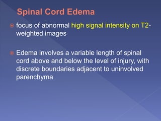  focus of abnormal high signal intensity on T2-
weighted images
 Edema involves a variable length of spinal
cord above and below the level of injury, with
discrete boundaries adjacent to uninvolved
parenchyma
 