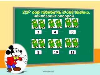 2,2- оор нэмэгдүүлэн тоолоод
2,2- оор тоолох нь 2-оос эхэлнэ.
нийлбэрийг олоорой

2

4

6

8

10

12

 